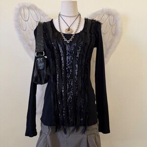 Girly Grunge Sparkly Black Long Sleeve Ribbed Sequin Fringe Top 2000s Emo Gothic